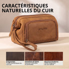 Trousse de toilette Henry en cuir tan, deux compartiments zippés, anse poignet, estampille STILORD visible