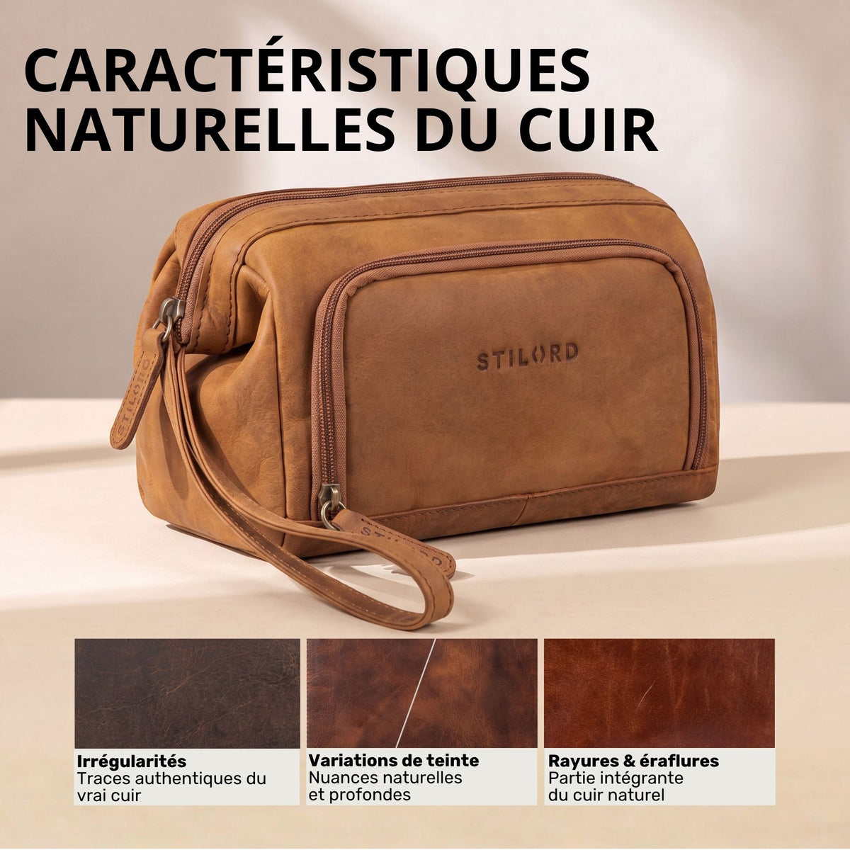 Trousse de toilette Henry en cuir tan, deux compartiments zippés, anse poignet, estampille STILORD visible