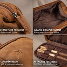 Trousse de toilette en cuir marron clair, gros plans: tirette embossée STILORD, grand compartiment, cuir déperlant, attaches élastiques