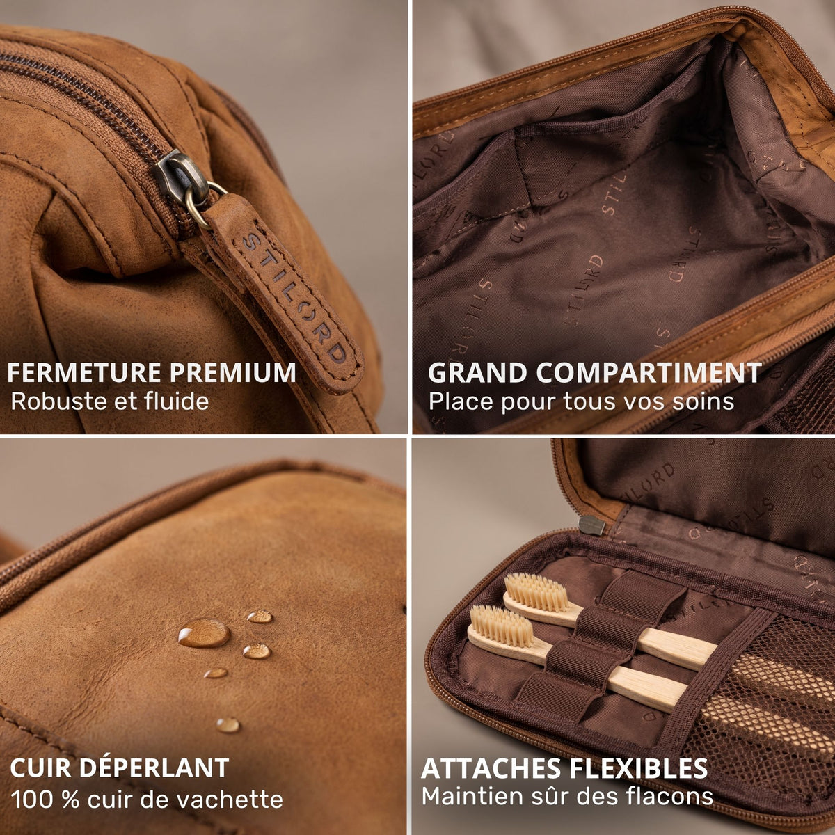 Trousse de toilette en cuir marron clair, gros plans: tirette embossée STILORD, grand compartiment, cuir déperlant, attaches élastiques