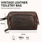 Trousse de toilette en cuir véritable zamora marron, vue de face avec logo STILORD embossé et mesures visibles