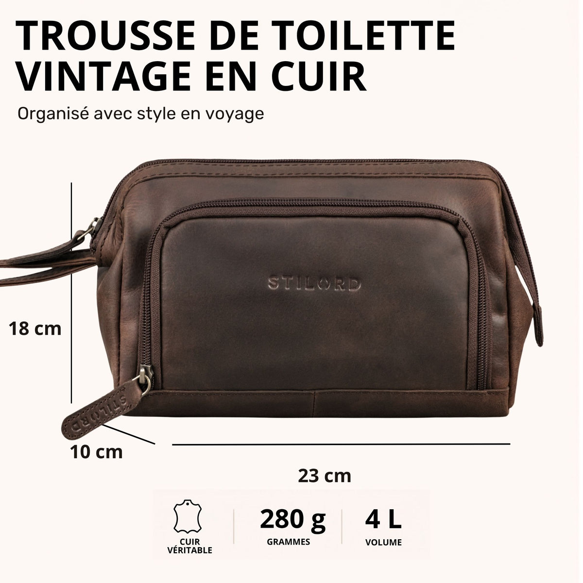 Trousse de toilette en cuir véritable couleur zamora marron, vue de face avec embossage STILORD et fermeture éclair