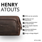 Trousse Henry en cuir vachette zamora marron, vue avant/latérale avec fermeture éclair et marquage STILORD