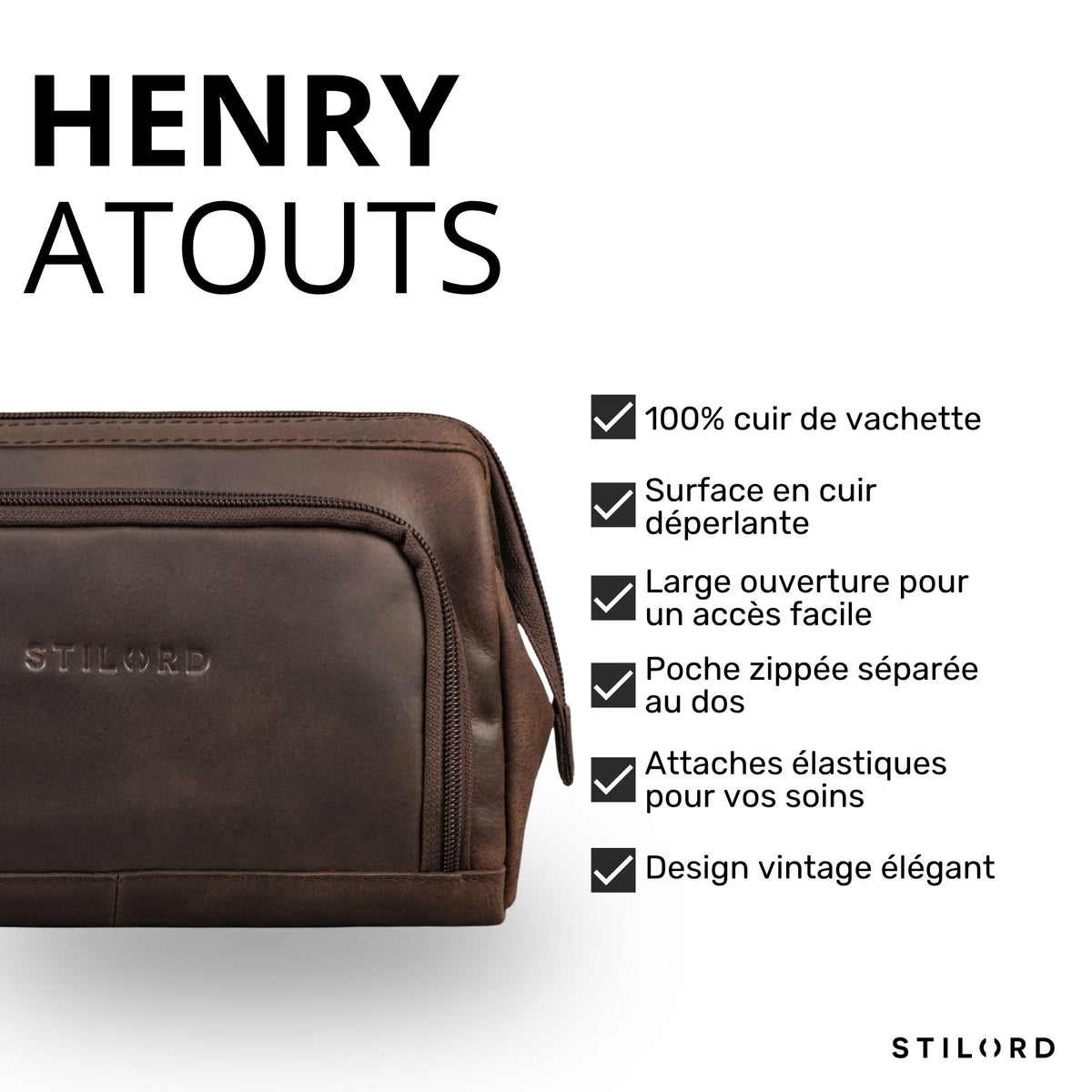 Trousse Henry en cuir vachette zamora marron, vue avant/latérale avec fermeture éclair et marquage STILORD