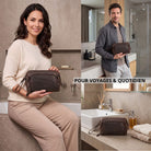 Trousse de toilette en cuir zamora brun, vue frontale sur lavabo et vues lifestyle avec homme et femme.