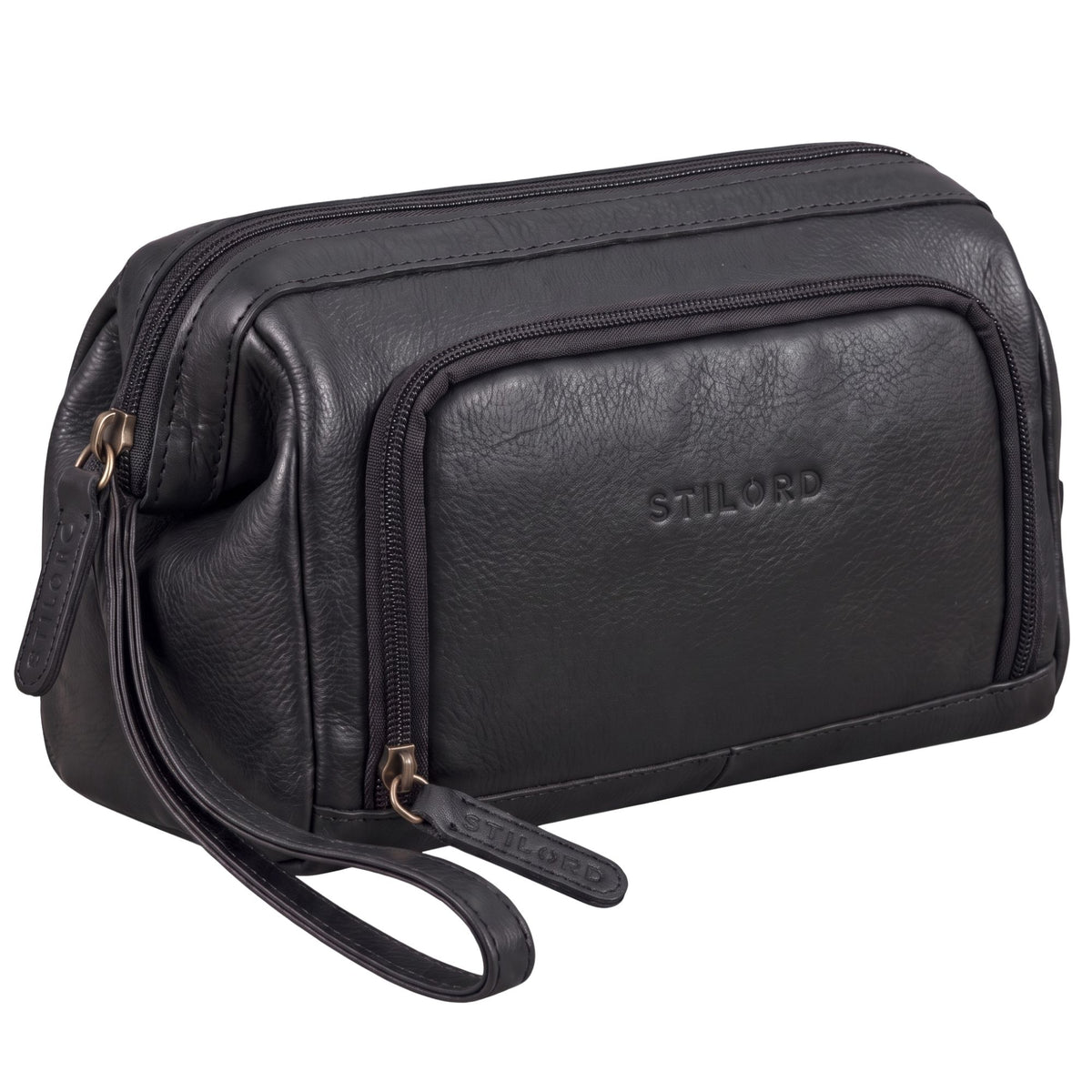 Trousse de toilette en cuir noir, vue de détail frontale avec logo STILORD embossé, fermetures éclair et dragonne visibles