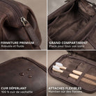 Trousse Henry en cuir Zamora brun, gros plans: tirette gaufrée STILORD, grand compartiment, cuir déperlant, attaches élastiques