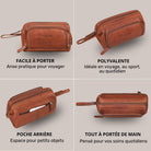 Trousse de toilette en cuir maraska brun, montage 4 vues: face, côté, poche arrière et vue dessus, logo STILORD visible