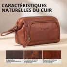 Trousse de toilette en cuir marron maraska, vue de face avec poignée et embossage STILORD visible