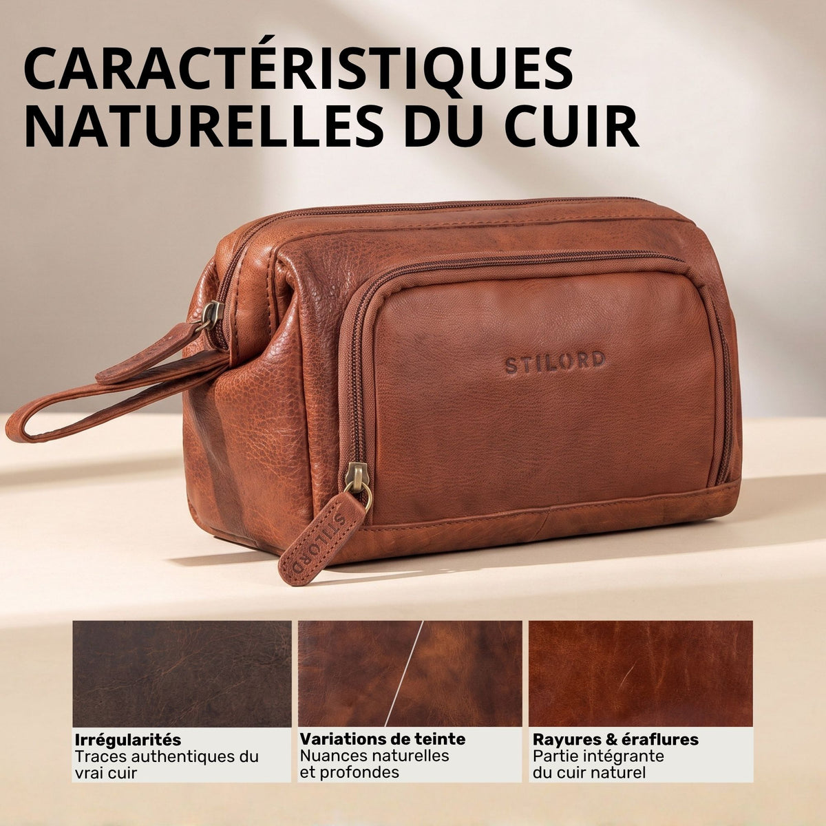 Trousse de toilette en cuir marron maraska, vue de face avec poignée et embossage STILORD visible