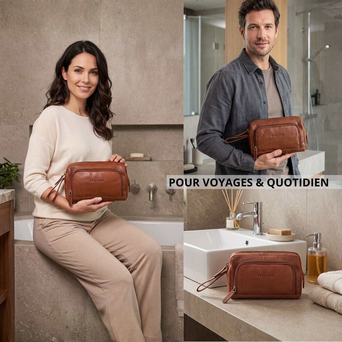 Trousse de toilette en cuir marron maraska, vue de face avec embossage STILORD visible et poignée, posée au lavabo et tenue par modèles