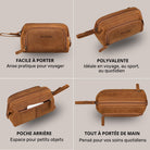 Trousse de toilette en cuir tan à deux zips, poche arrière et anse, estampille STILORD visible