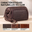 Trousse de toilette en cuir zamora brun, vue latérale avec logo STILORD embossé et poignée