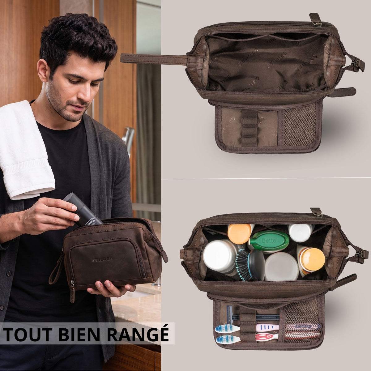 Trousse de toilette en cuir zamora marron, ouverte, montre compartiments intérieurs et organiseur, homme la tient dans une salle de bain, STILORD visible