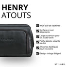 Trousse Henry en cuir vachette noir, détail avant avec embossage STILORD visible