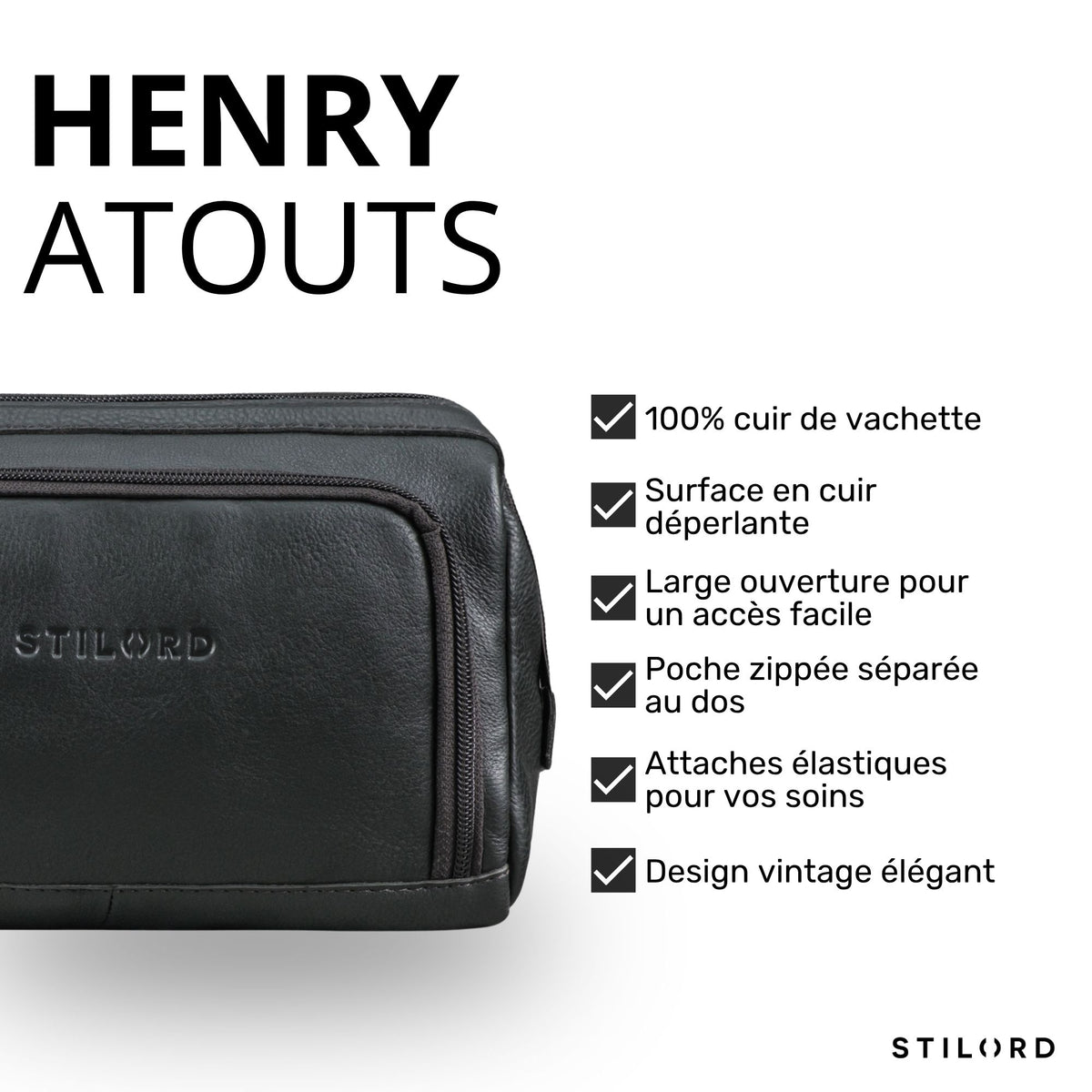 Trousse Henry en cuir vachette noir, détail avant avec embossage STILORD visible