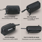 Trousse de toilette en cuir noir avec poignée, poche arrière zippée et logo STILORD embossé, vues multiples.