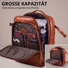 Offener Reiserucksack aus cognacfarbenem Leder, Frontfach mit Organizern, gepacktes Innenfach sichtbar