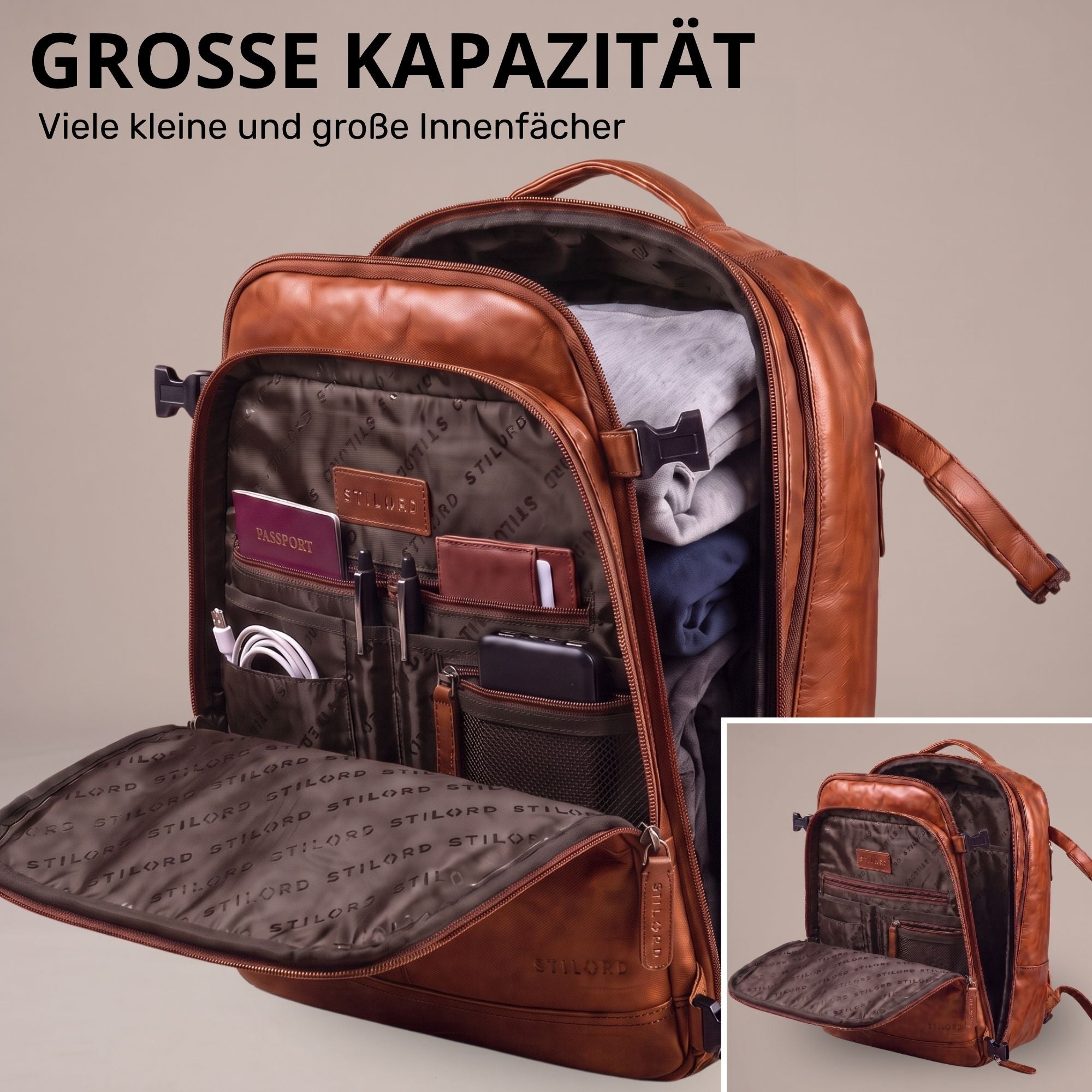 Offener Reiserucksack aus cognacfarbenem Leder, Frontfach mit Organizern, gepacktes Innenfach sichtbar