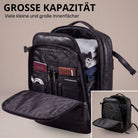 schwarzer Leder-Reiserucksack, Vorderseite geöffnet, geordnete Innenfächer mit Kleidung und Organizerfächern