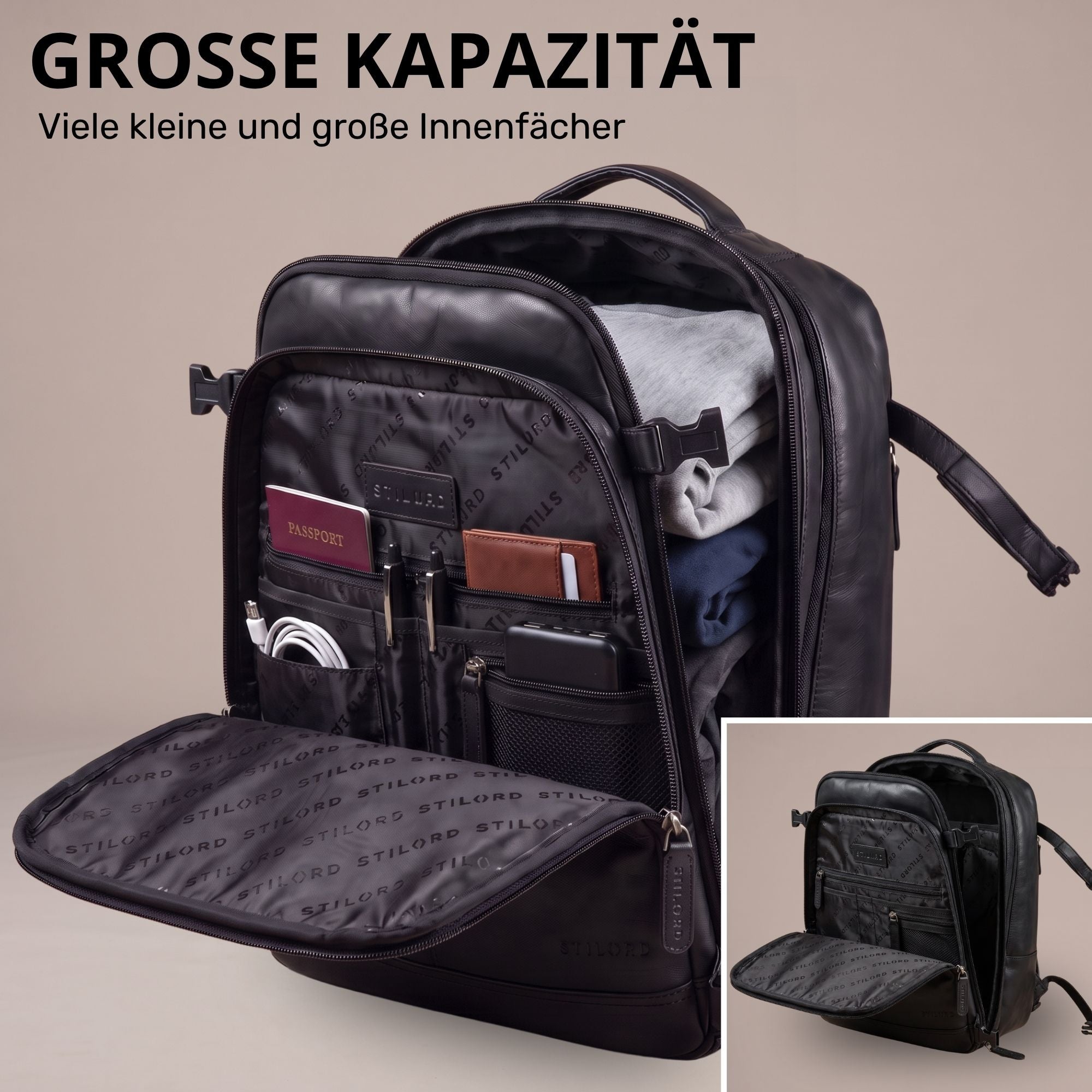schwarzer Leder-Reiserucksack, Vorderseite geöffnet, geordnete Innenfächer mit Kleidung und Organizerfächern