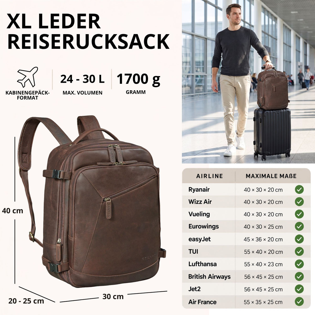Brauner XL-Leder-Reiserucksack, 3/4-Ansicht mit Maßen; rechts Mann am Flughafen mit Trolley