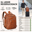 XL Reisrucksack aus cognacfarbenem Leder, Vorderansicht mit Maßen; rechts Mann im Flughafen zieht Trolley