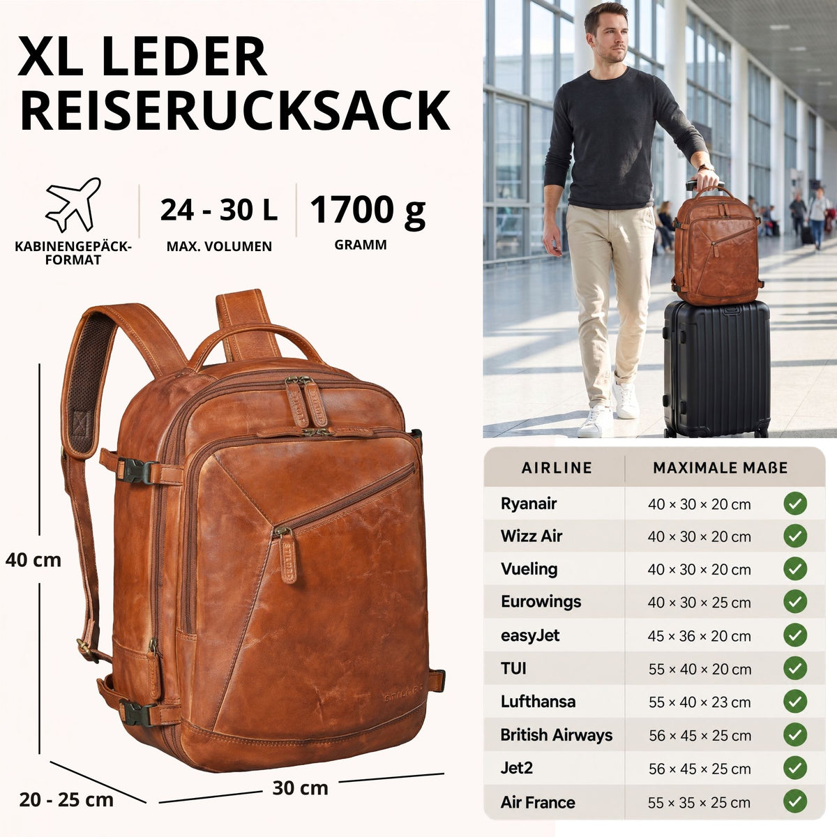 XL Reisrucksack aus cognacfarbenem Leder, Vorderansicht mit Maßen; rechts Mann im Flughafen zieht Trolley