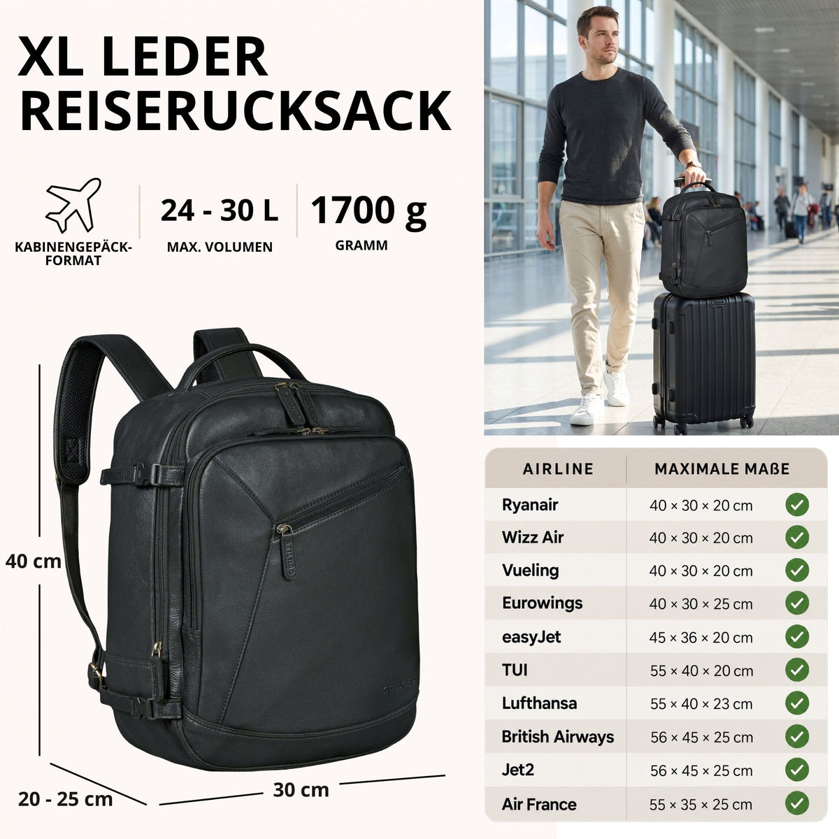 schwarzer XL Lederrucksack, drei‑viertel‑Ansicht mit Maßangaben; daneben Mann mit Trolley in Flughafen