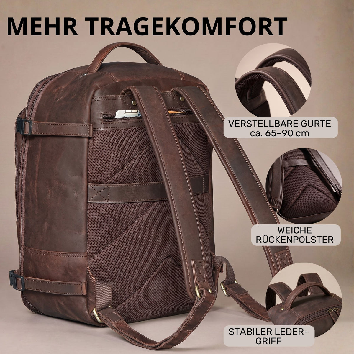 Brauner Leder-Rucksack, Rückseite mit gepolstertem Rückenpanel, verstellbaren Schultergurten und Ledergriff