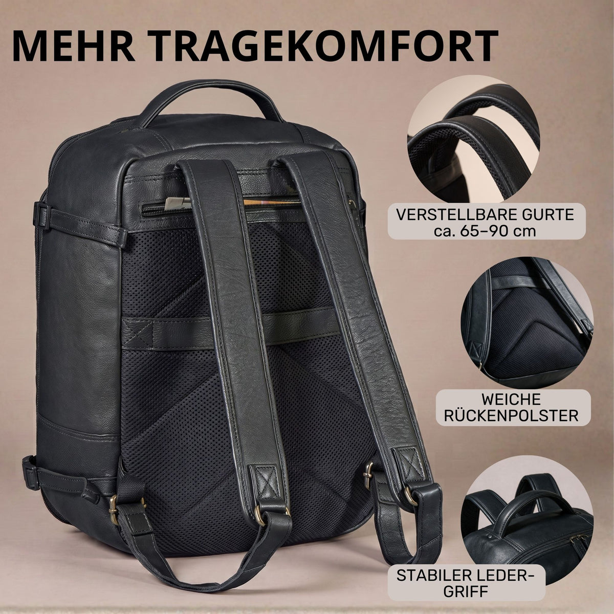 schwarzer Leder-Rucksack, Rückansicht mit gepolsterten Trägern, verstellbaren Gurten und stabilem Ledergriff