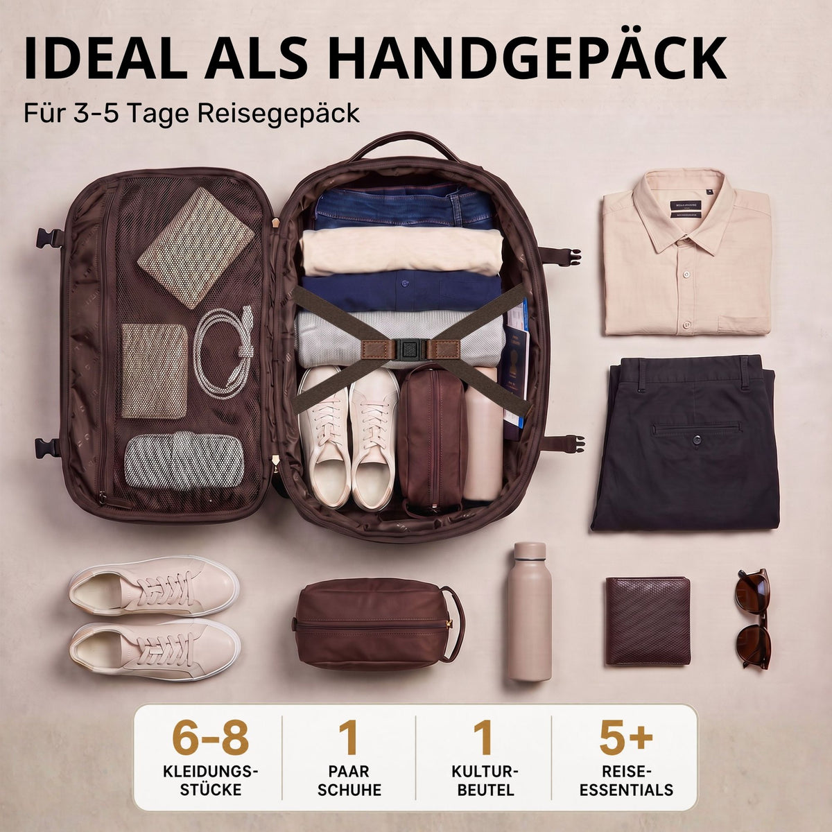 Offener brauner Echtleder-Reiserucksack, Draufsicht, organisiert mit Kleidung, Sneakers, Kulturbeutel, Flasche und Accessoires