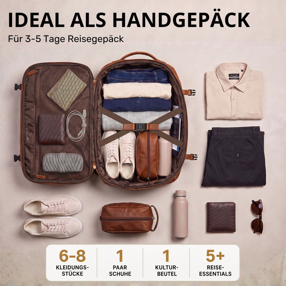 Offener Reiserucksack aus echtem Leder in Brandy/Cognac, Draufsicht mit gepacktem Innenraum und gereihten Reiseutensilien