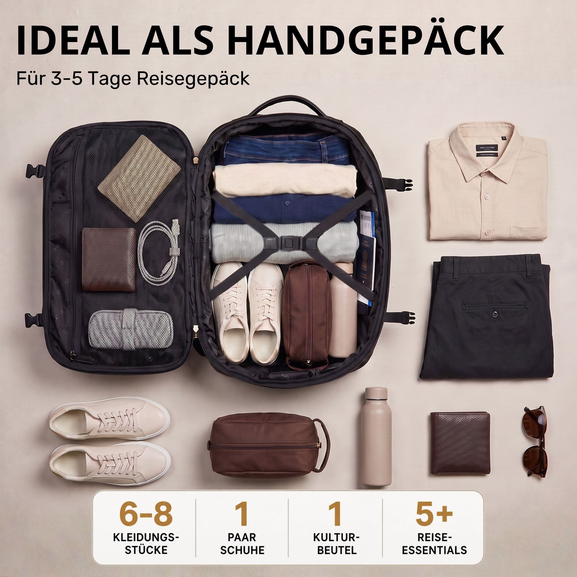 Schwarzer Echtleder-Reiserucksack offen, Draufsicht mit gepackter Innenklappe, Kleidung, Schuhen und Reiseaccessoires
