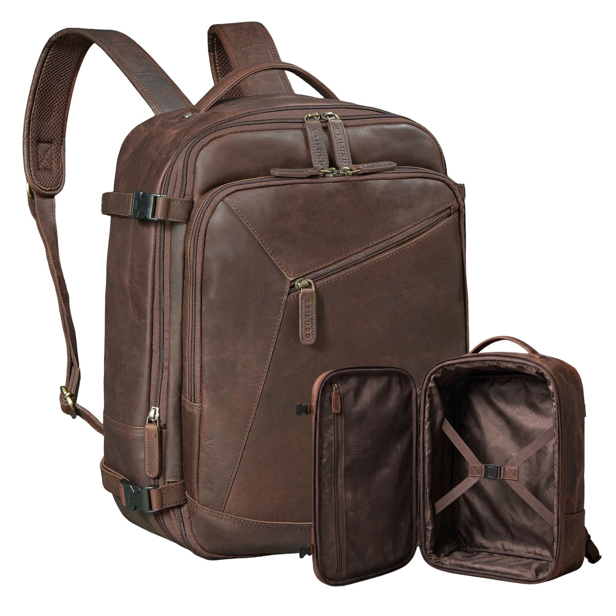 Brauner Leder-Reiserucksack (zamora), 3/4-Ansicht mit offenem Reiseetui neben der Tasche.