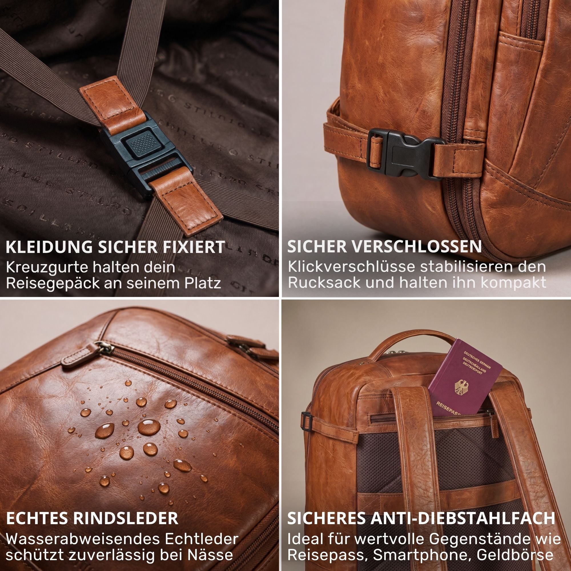 Vier Detailaufnahmen eines cognacfarbenen Lederrucksacks: Kreuzgurte, seitlicher Klickverschluss, wasserabweisendes Leder, versteckte Antidiebstahltasche mit Pass