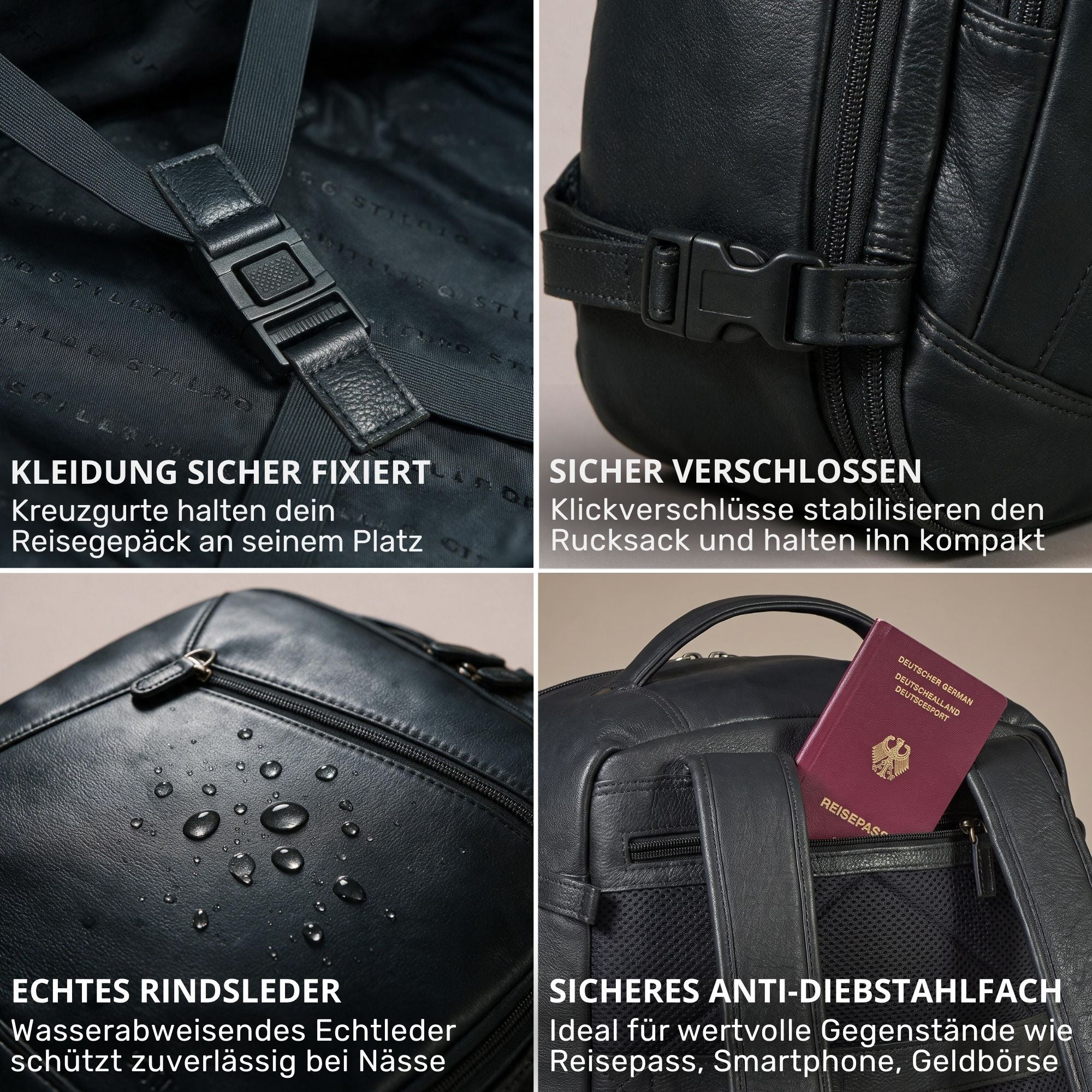Schwarzer Leder-Reiserucksack, Collage: Innenkreuzgurte, Seitenkompressionsriemen, wasserabweisende Lederoberfläche, Rückfach mit Reisepass.