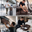 Collage: brauner Echtleder-Reiserucksack; Mann im Flughafen mit Trolley, verstaut im Flugzeug, geöffnet auf Hotelbett