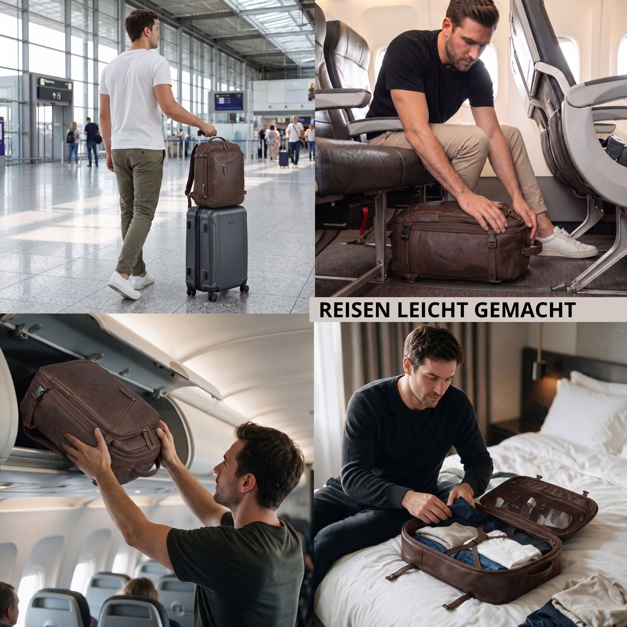 Collage: brauner Echtleder-Reiserucksack; Mann im Flughafen mit Trolley, verstaut im Flugzeug, geöffnet auf Hotelbett