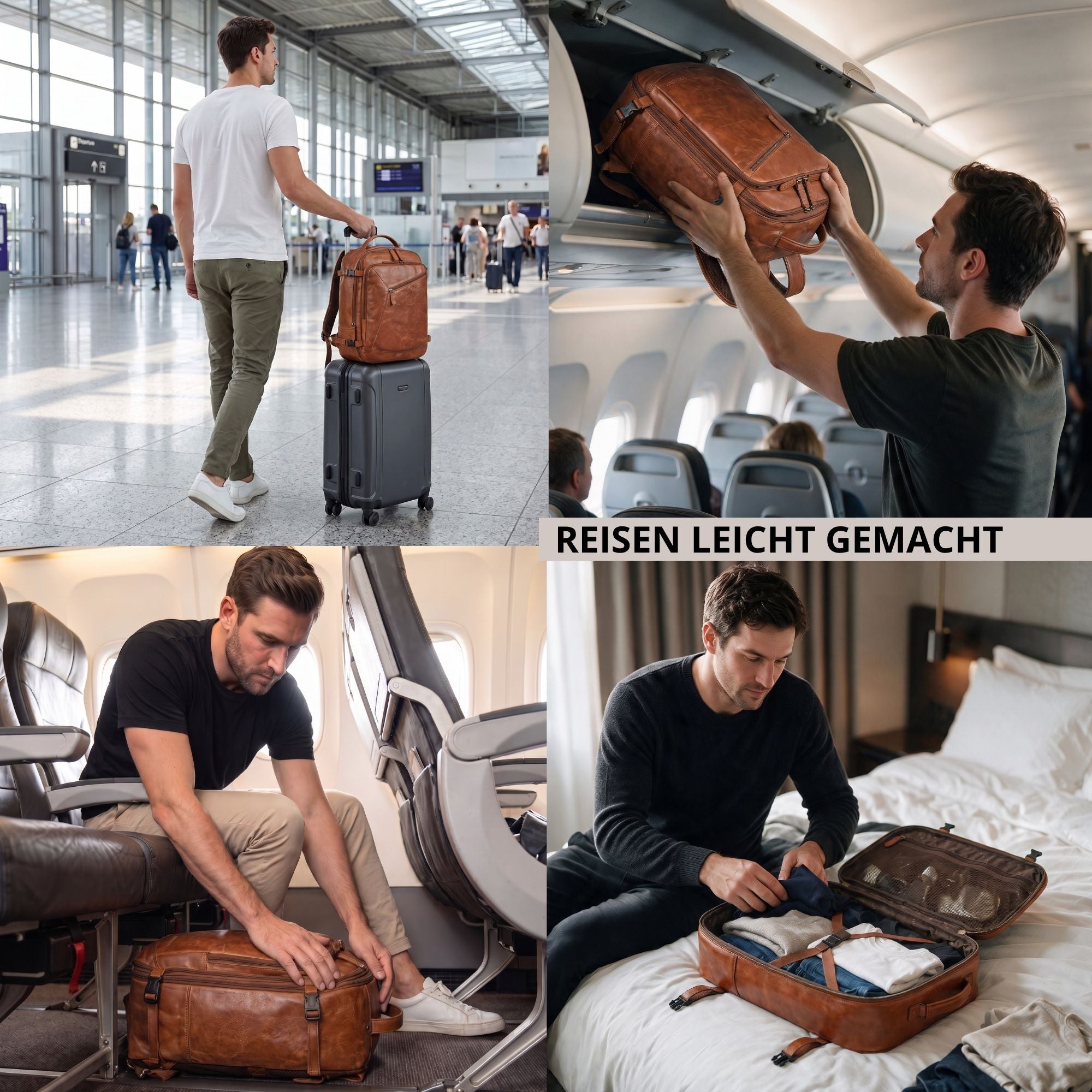 Collage: cognacfarbener Echtleder-Reiserucksack im Flughafen, im Gepäckfach, auf Sitz und offen auf dem Bett