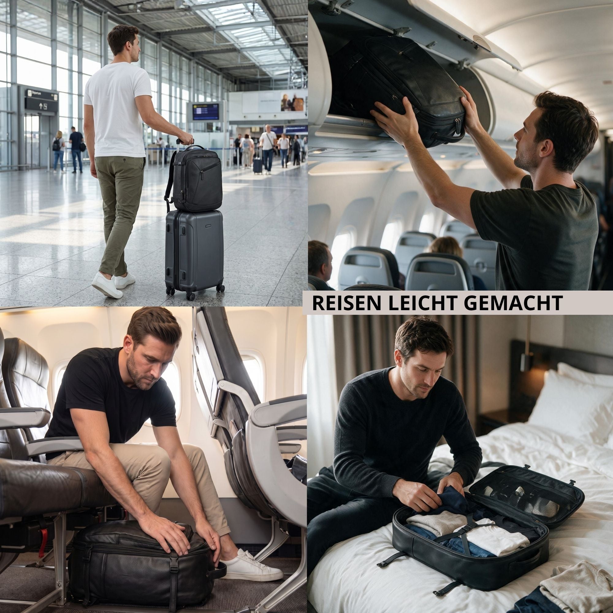 Schwarzer Echtleder-Reiserucksack in vier Szenen: Flughafen, Overheadfach, Flugzeug und Hotelbett