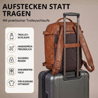 Brauner Reiserucksack aus Glattleder (cognac), Rückansicht mit Tragegurten und Trolley-Schlaufe auf Koffergriff