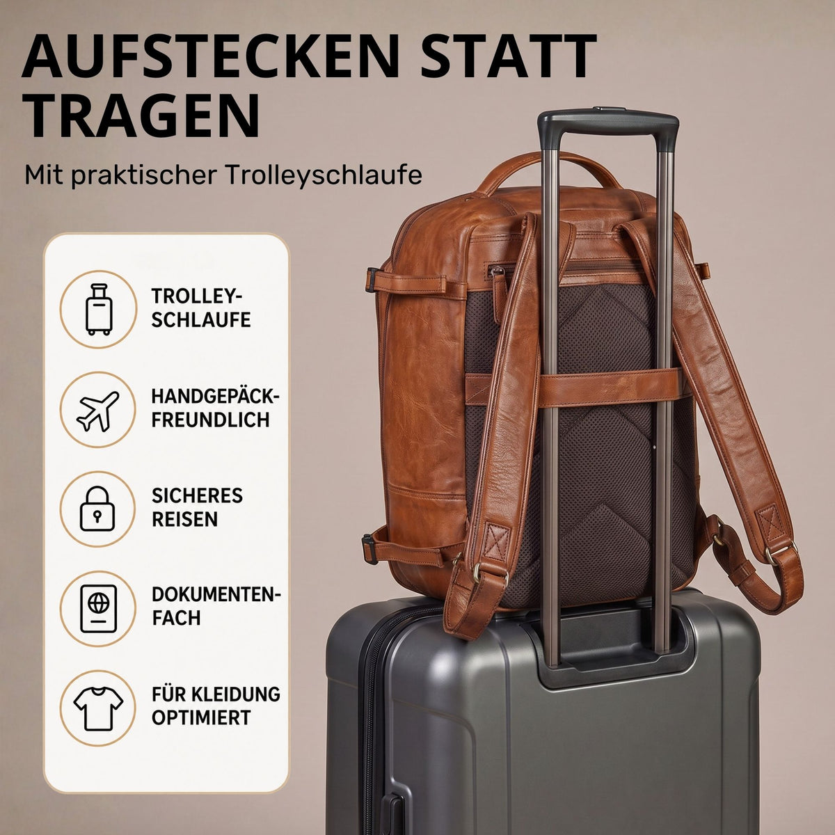 Brauner Reiserucksack aus Glattleder (cognac), Rückansicht mit Tragegurten und Trolley-Schlaufe auf Koffergriff