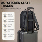 Schwarzer Lederrucksack auf Trolleygriff gesteckt, Rückseite mit Schultergurten, Reisekoffer-Detail
