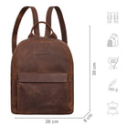 Rucksack Damen Leder Braun aus der Frontalperspektive mit zusätzlichen Icons