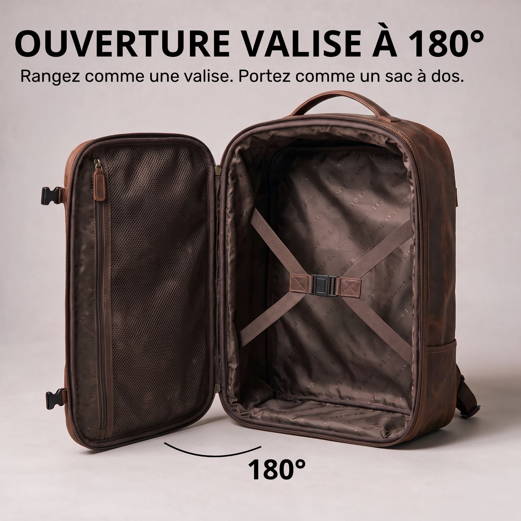 Dunkelbrauner Leder-Reiserucksack, 180° geöffnet, Innenraum mit Reißverschlussfach, Kreuzspanngurt und Tragegriff sichtbar
