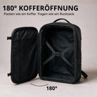 schwarzer Leder-Rucksack geöffnet wie Koffer, 180°-Aufklappung, Innenraum mit Kreuzgurten und Reißverschlusstasche, Frontansicht