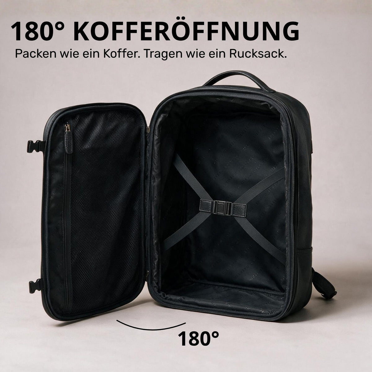 schwarzer Leder-Rucksack geöffnet wie Koffer, 180°-Aufklappung, Innenraum mit Kreuzgurten und Reißverschlusstasche, Frontansicht