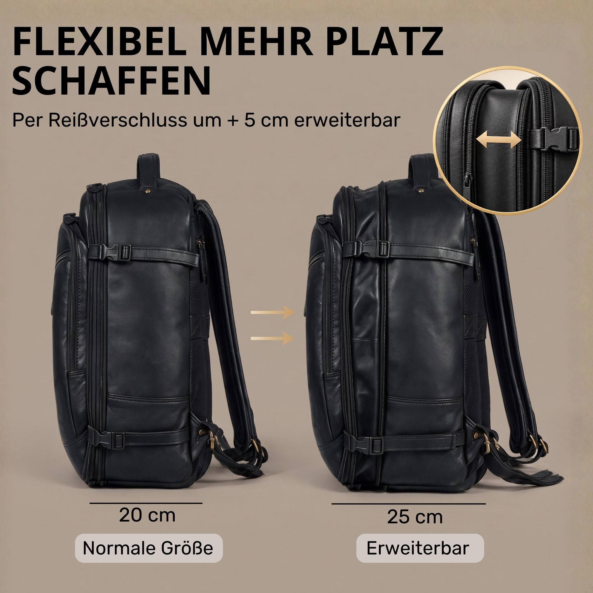 Schwarzer Leder-Reiserucksack, Seitenansicht normal und um 5 cm erweiterbar, Detailaufnahme des Reißverschlusses