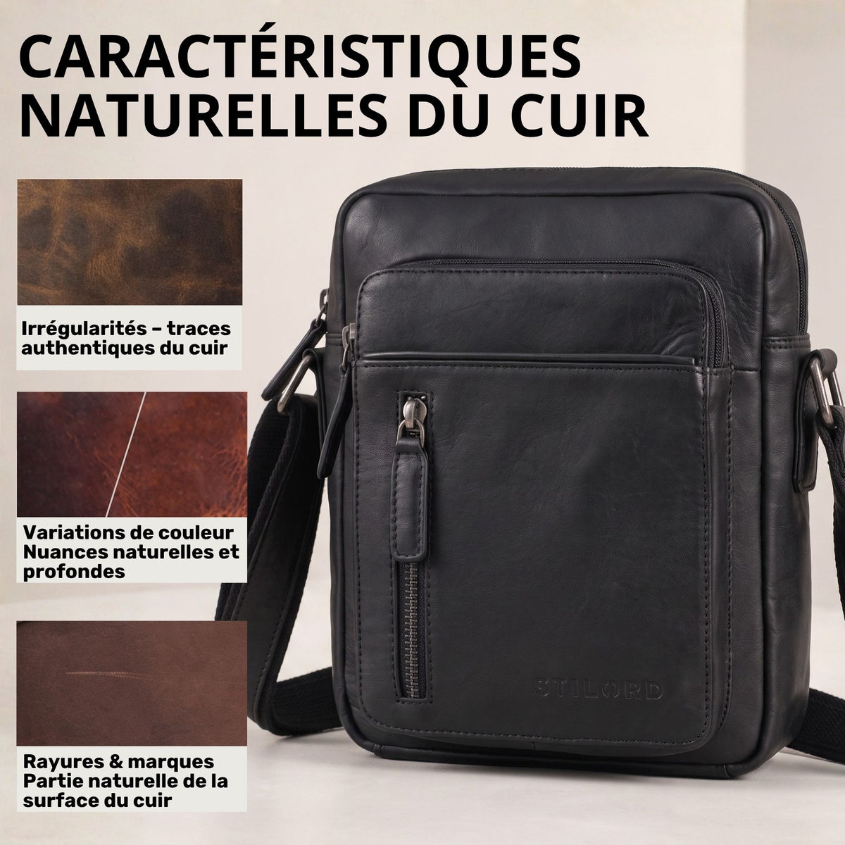 kleine schwarze Schultertasche aus echtem Leder, frontale Ansicht mit aufgesetztem Reißverschlussfach und verstellbarem Riemen